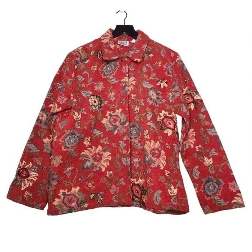 Vintage Chicos Embroidered Tapestry Jacket Floral Gold‎ Button Boho Cottage 2